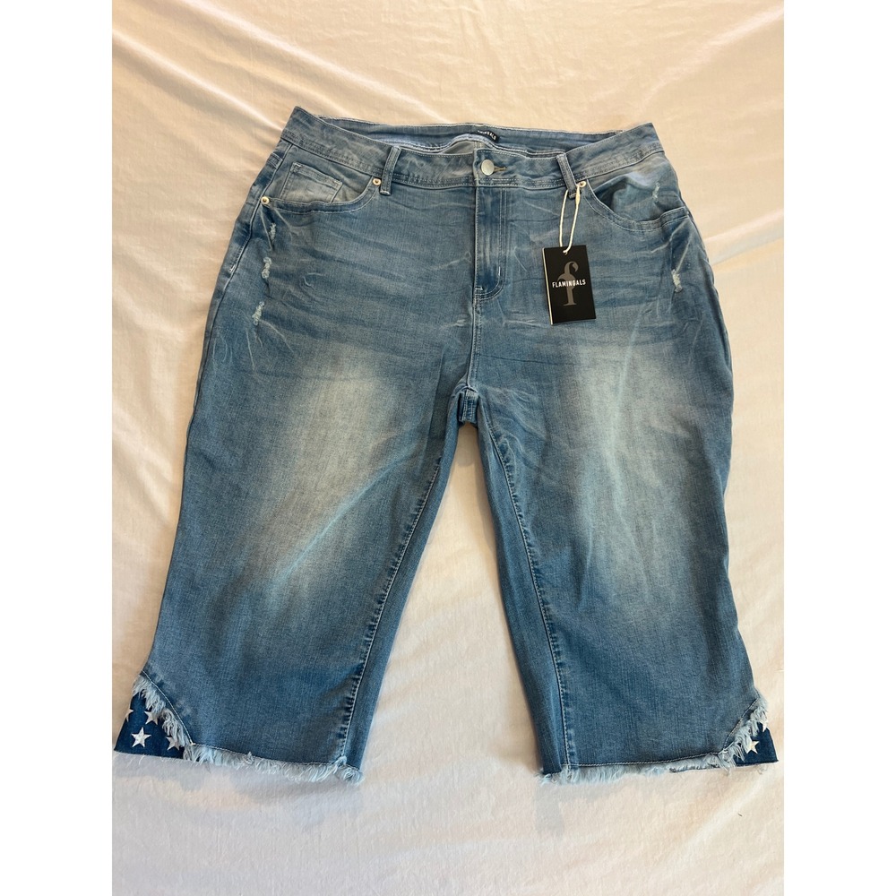 Flamingals Women Patriotic Star Denim Capri Pants Light Wash 3XL NWT 272008 XH